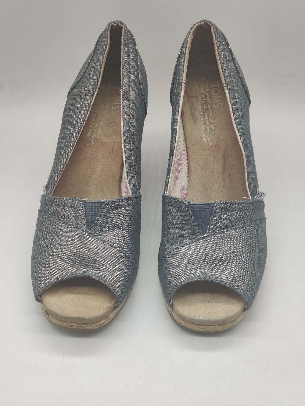 TOMS Metallic Silver Peep-Toe Canvas Wedges